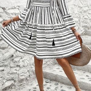 Black and White Striped Dress with Tassels V Neck Bell Sleeve High Waist Mini